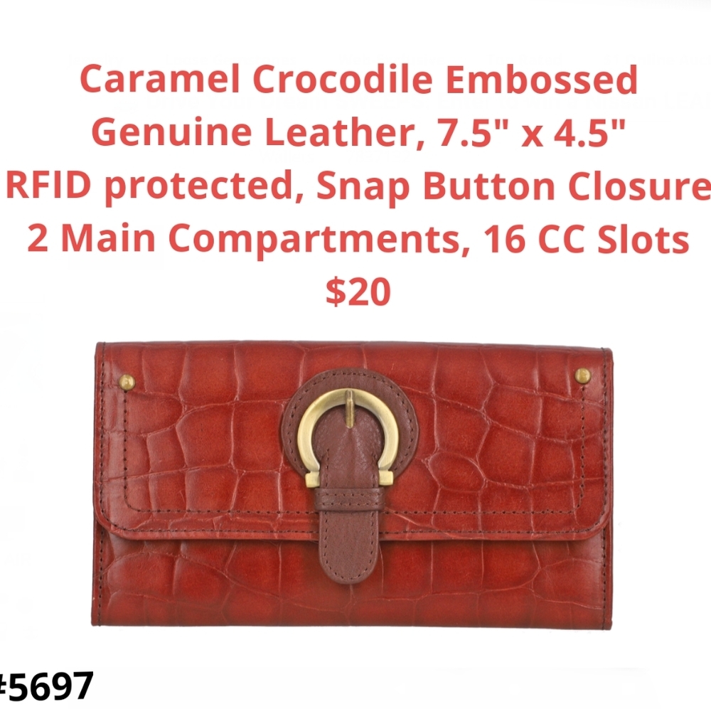 Genuine leather croc embossed wallet, 7.5" x 4.5"